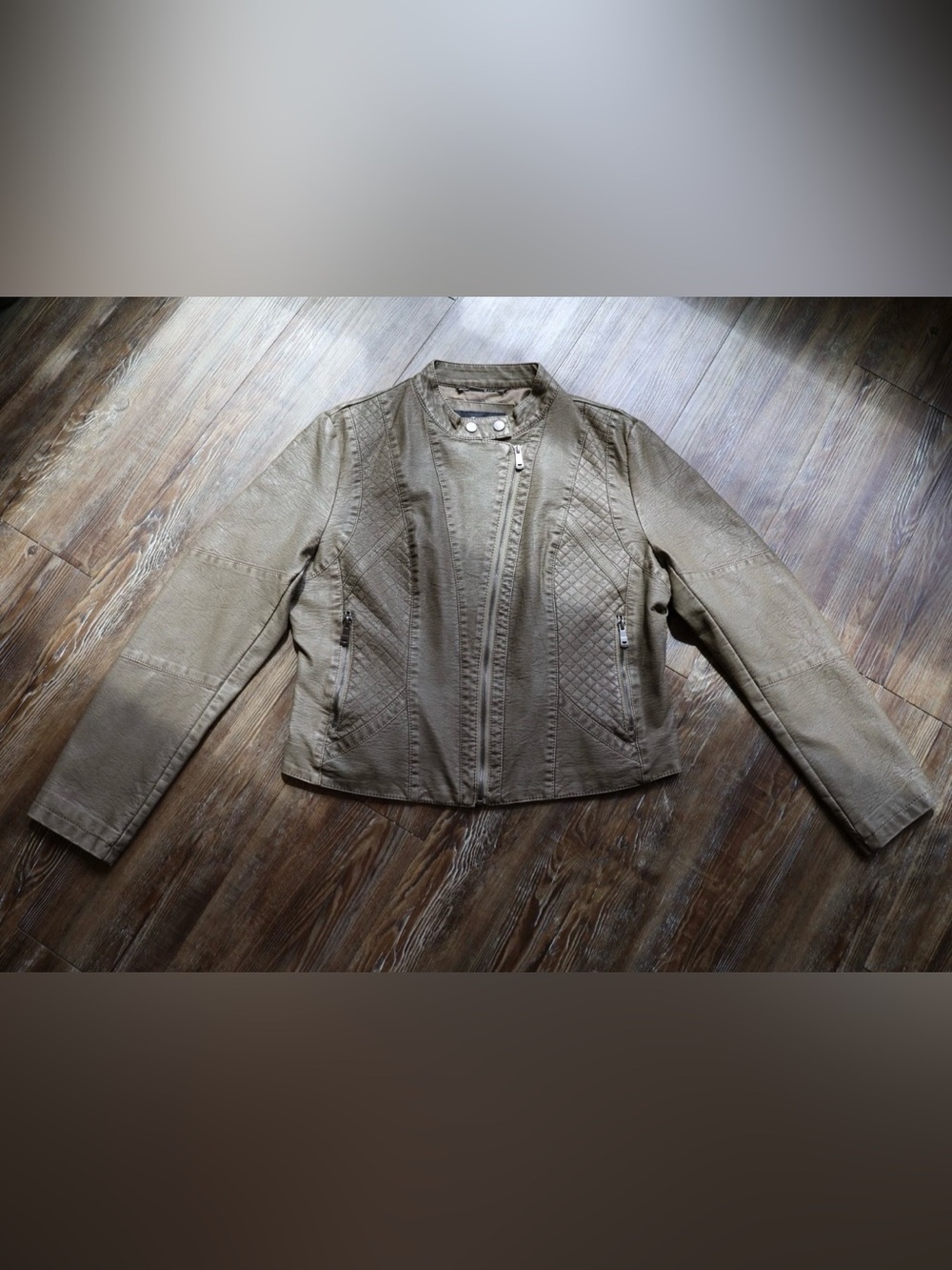 Edgy Moto Biker Babe Faux Leather Jacket Asymmetrical Zip Taupe Womens XL